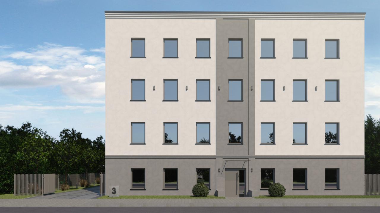 Wizualizacja 3D budynku mieszkalnego z jasną elewacją, szarymi akcentami i regularnym układem okien, otoczonego zielenią i chodnikiem.