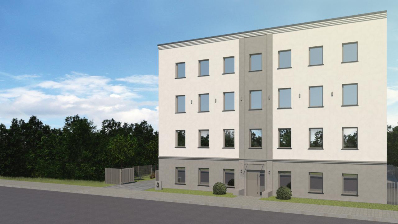 Wizualizacja trzykondygnacyjnego budynku mieszkalnego z płaskim dachem, elewacją w odcieniach szarości i bieli, z numerem '3' przy wejściu i zielenią w tle.