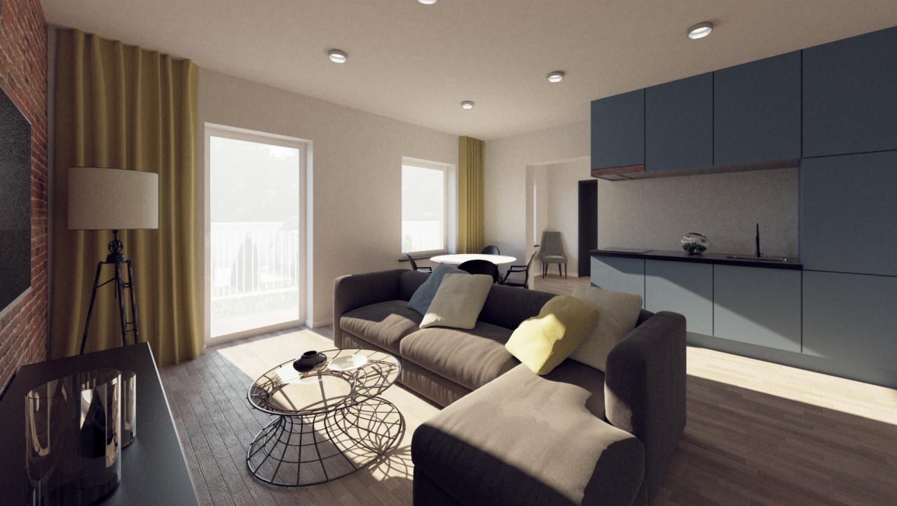 Wizualizacja salonu z aneksem kuchennym: szara sofa z poduszkami, okrągły stolik kawowy z metalową podstawą, lampa podłogowa na trójnogu, niebieska zabudowa kuchenna, ceglana ściana z telewizorem.
