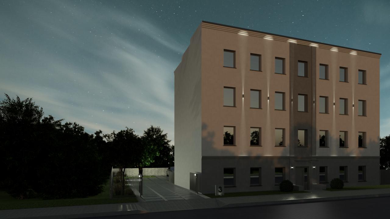 Wizualizacja budynku wielorodzinnego z oświetleniem zewnętrznym i widocznym fragmentem parkingu pod nocnym, gwiaździstym niebem.
