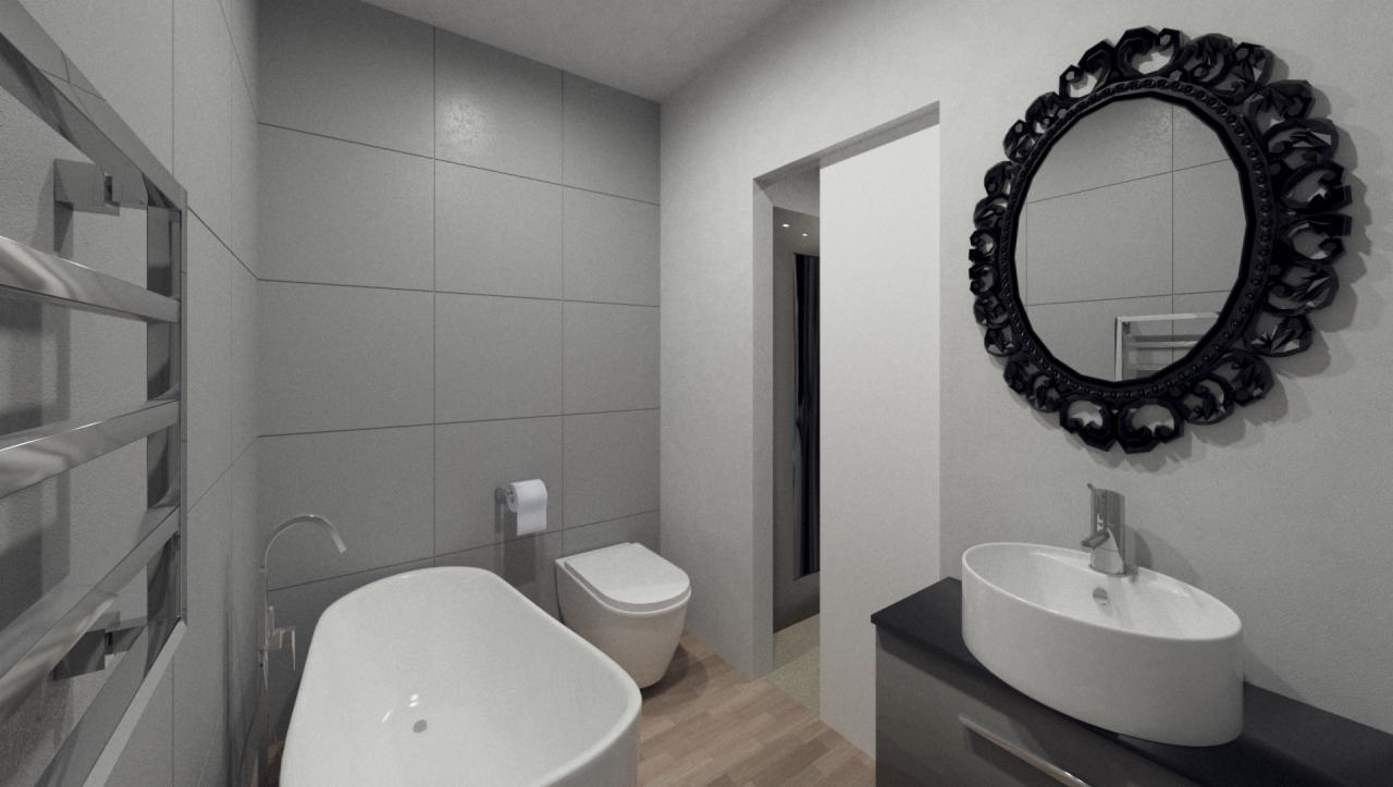 Nowoczesna łazienka w odcieniach szarości z wolnostojącą wanną, umywalką nablatową i ozdobnym, czarnym lustrem w ramie.