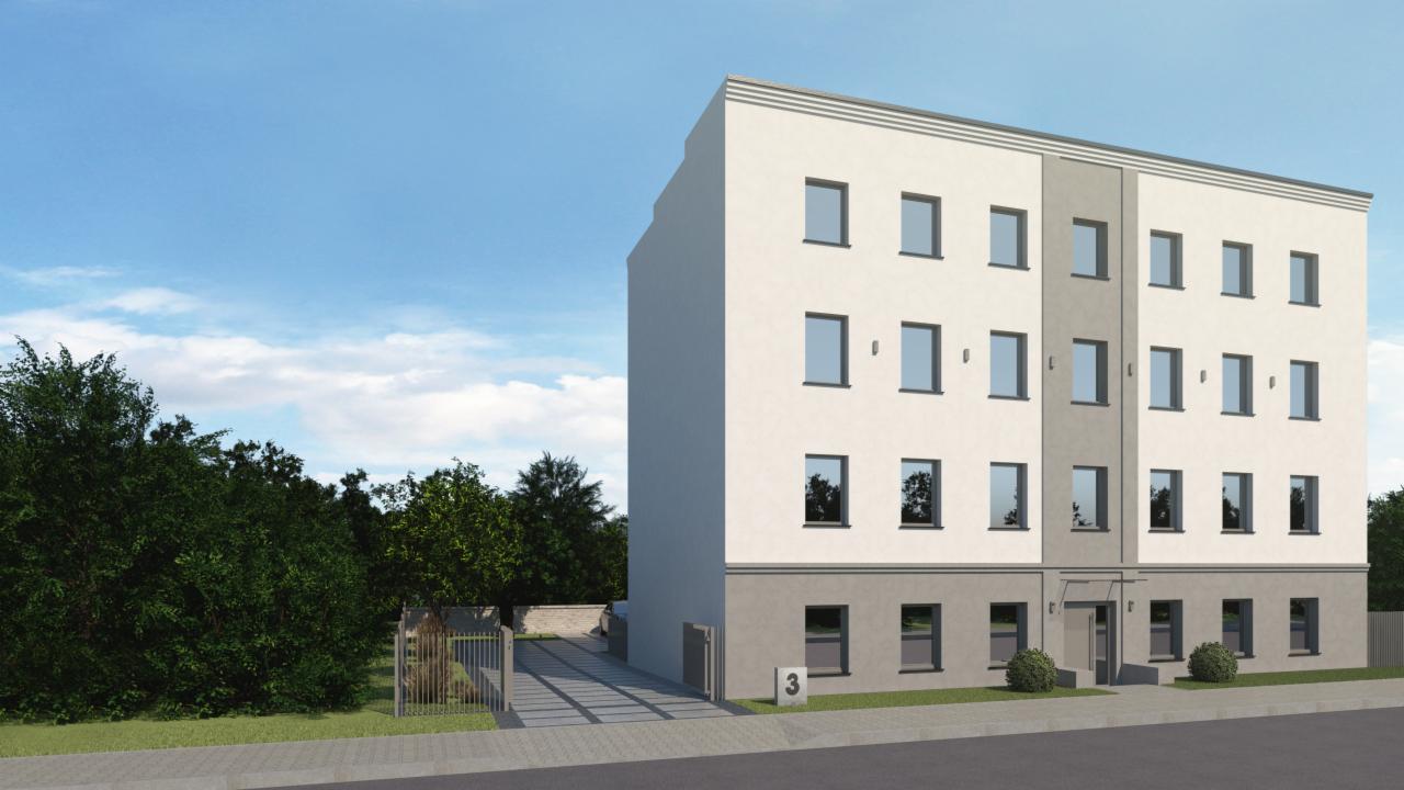 Wizualizacja budynku wielorodzinnego z numerem 3 przy wejściu, z widocznymi trzema kondygnacjami, jasną elewacją i szarym pasem na parterze, otoczonego zielenią i błękitnym niebem.
