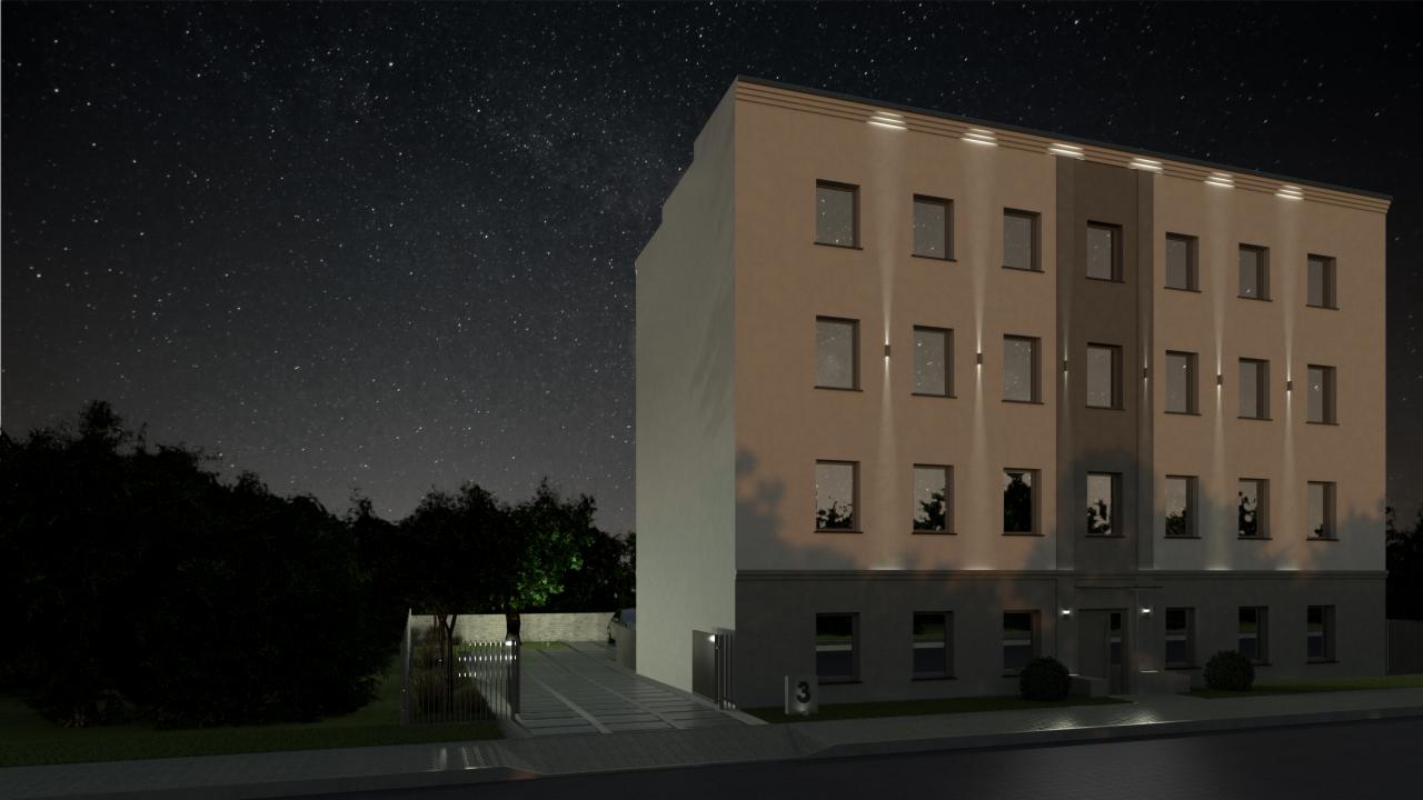 Wizualizacja budynku wielorodzinnego z oświetleniem elewacji, widoczna nocą na tle rozgwieżdżonego nieba.