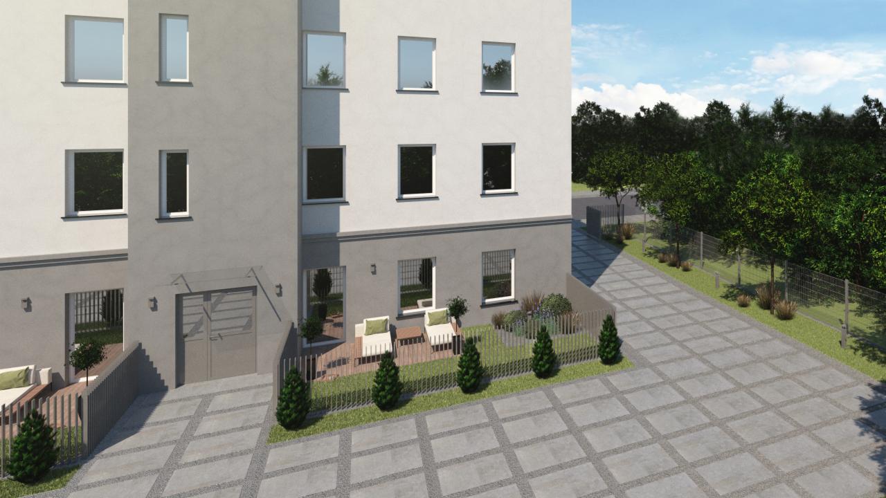 Wizualizacja elewacji budynku z szarą kostką brukową na podjeździe, niskim ogrodzeniem, zielenią i meblami ogrodowymi na małym tarasie.