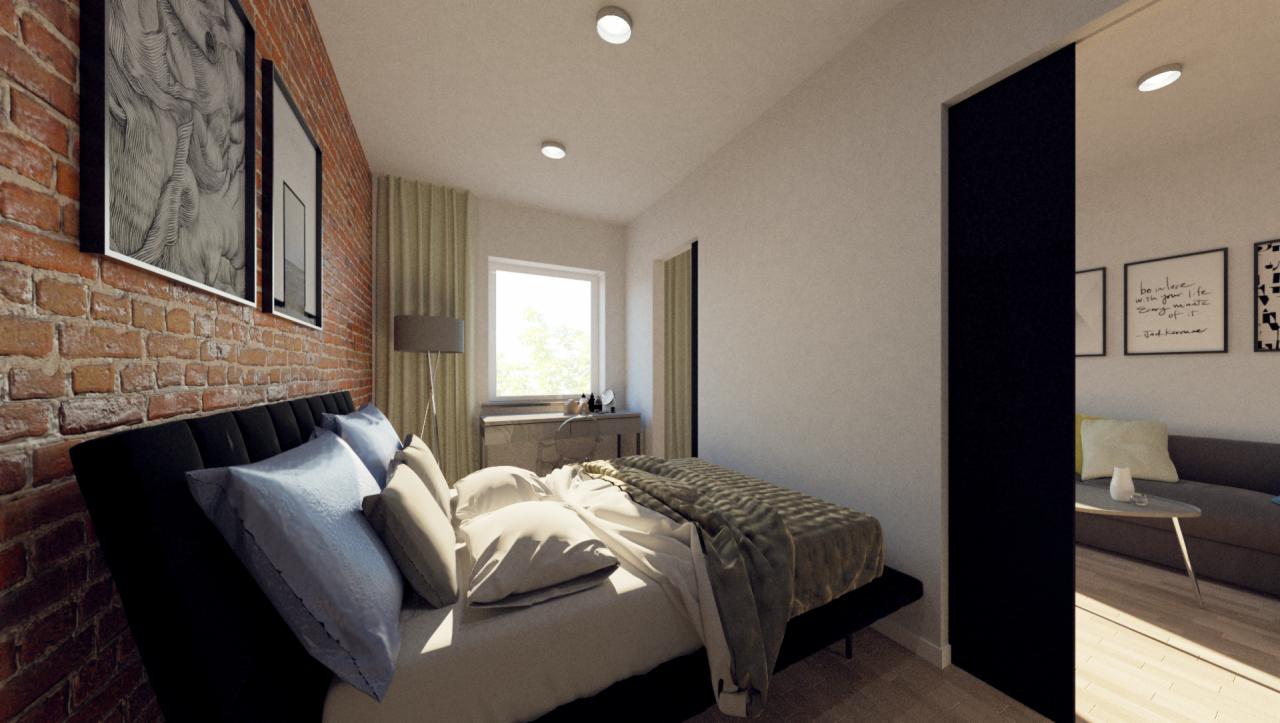 Wizualizacja sypialni z łóżkiem na tle ściany z czerwonej cegły, ozdobionej dwoma obrazami w czarnych ramkach. Widoczne okno z zasłonami, biurko z akcesoriami oraz fragment salonu z szarą kanapą...