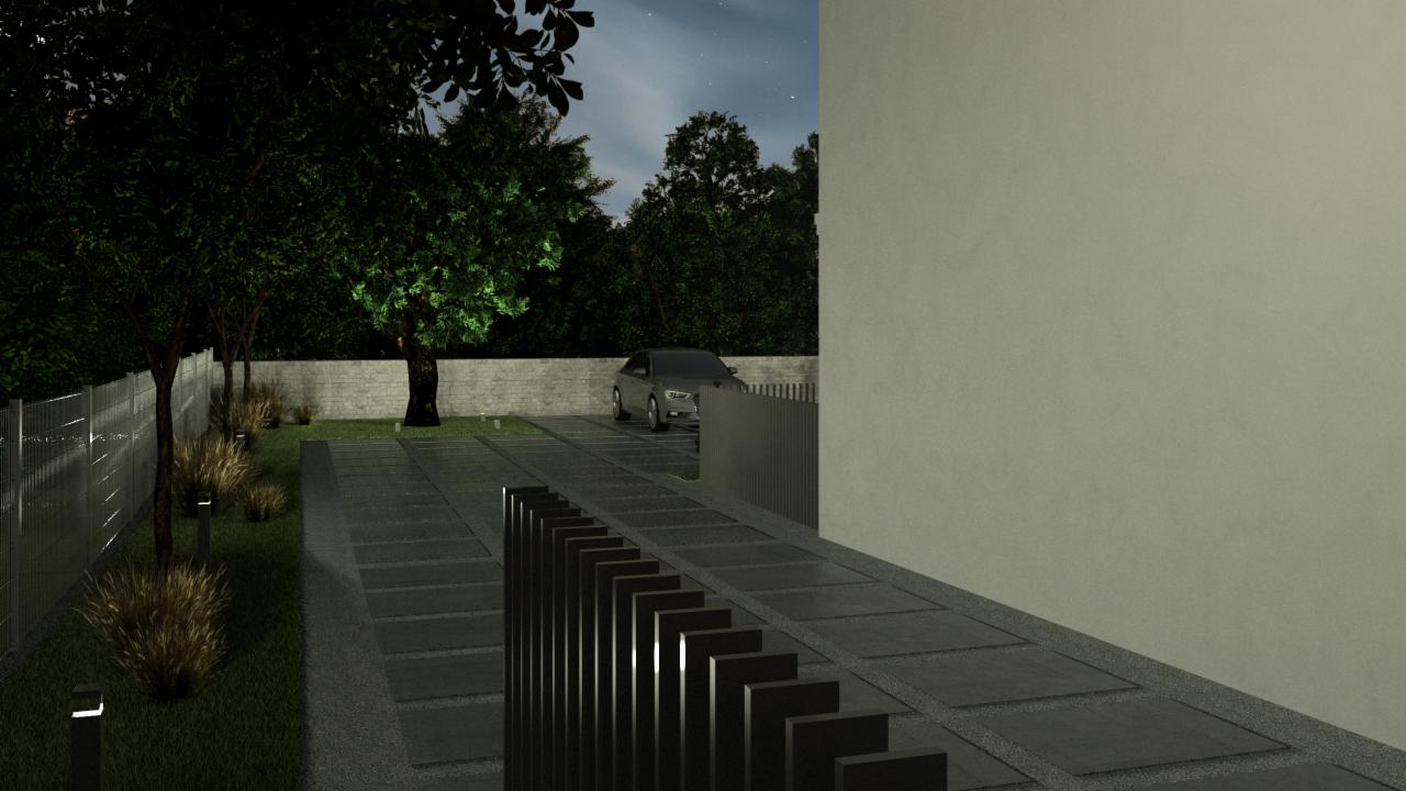 Nowoczesny podjazd z szarych płyt betonowych prowadzący do zaparkowanego samochodu osobowego, oświetlony lampami ogrodowymi, w tle drzewa i nocne niebo.