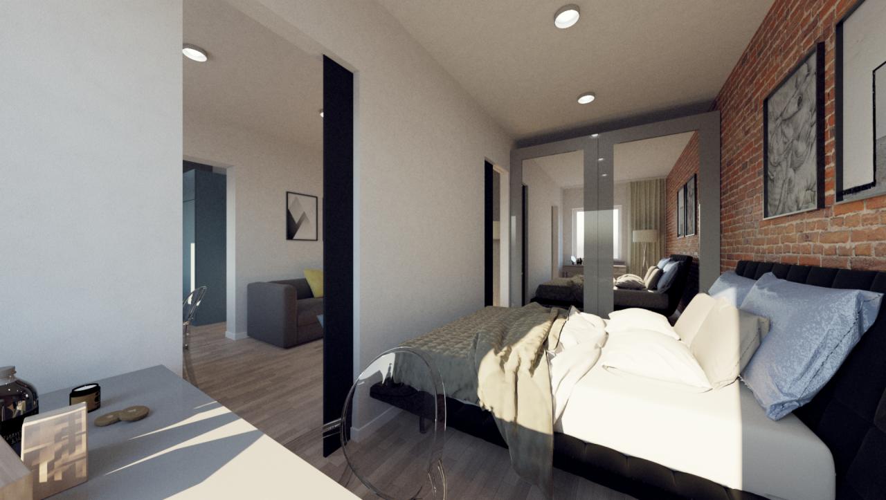 Wizualizacja sypialni z łóżkiem z czarnym zagłówkiem i pościelą w odcieniach bieli i błękitu, na tle ściany z czerwonej cegły z dekoracyjnymi obrazami. W tle widoczny salon z szarą sofą i żółtą...