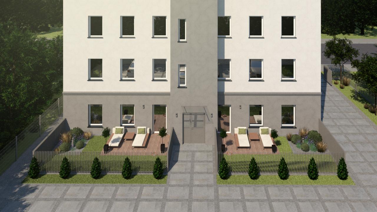 Wizualizacja budynku wielorodzinnego z dwoma tarasami na parterze, z leżakami i zielenią, otoczonego ogrodzeniem i kostką brukową.
