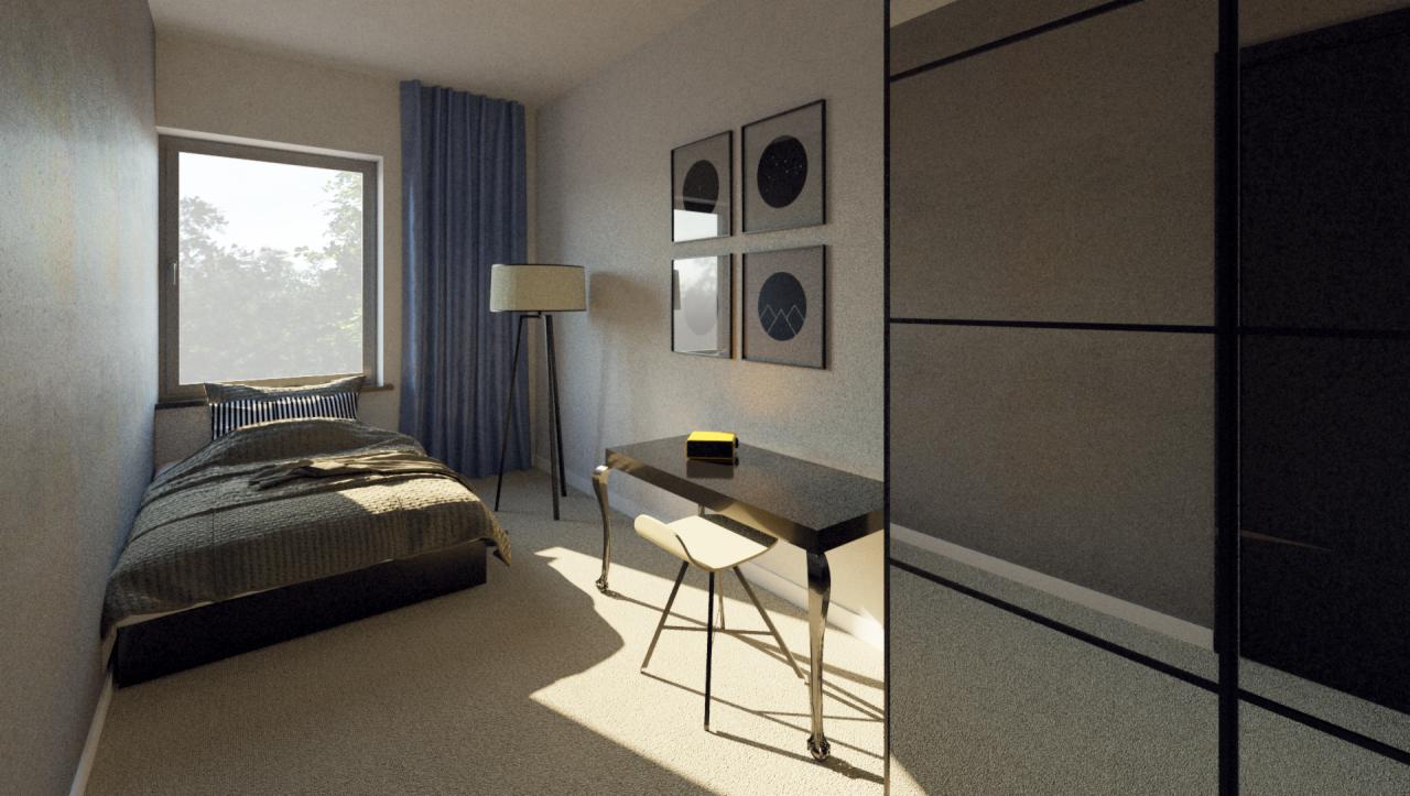 Wizualizacja pokoju z pojedynczym łóżkiem, biurkiem z krzesłem i lampą podłogową, oświetlonego naturalnym światłem wpadającym przez okno.