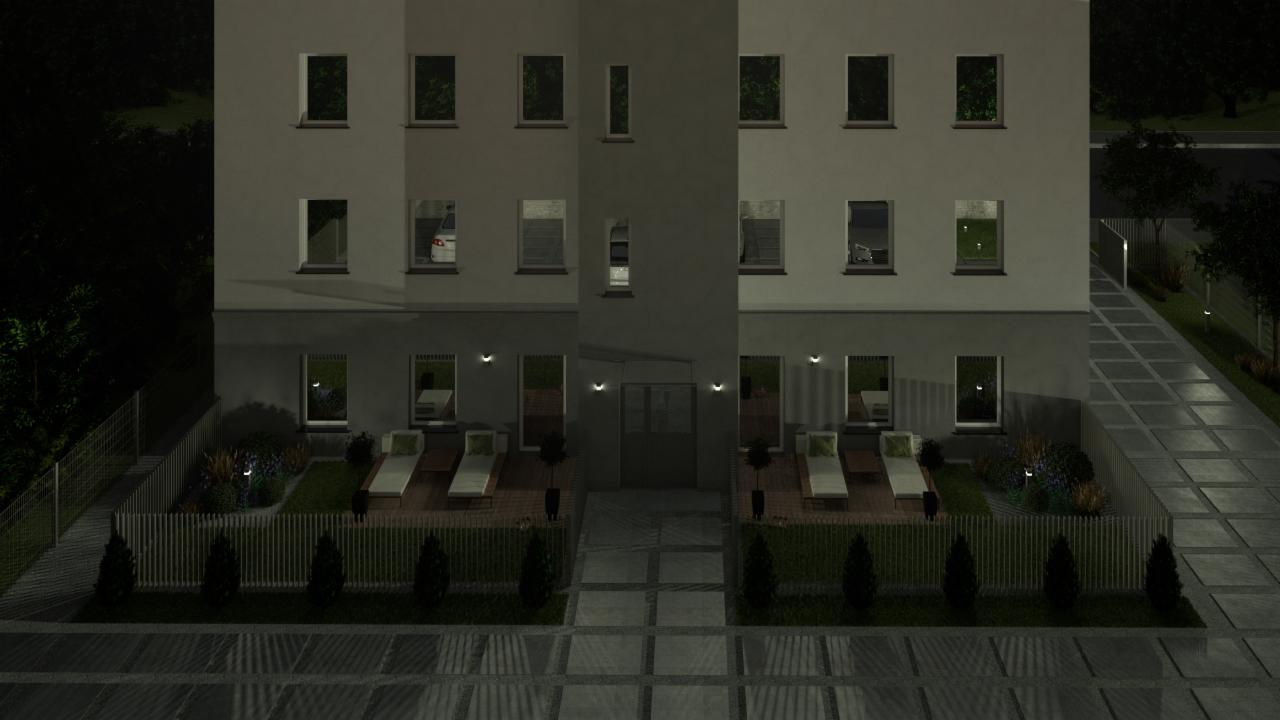 Wizualizacja budynku wielorodzinnego z dwoma wejściami, ogrodami i leżakami, oświetlonego nocą