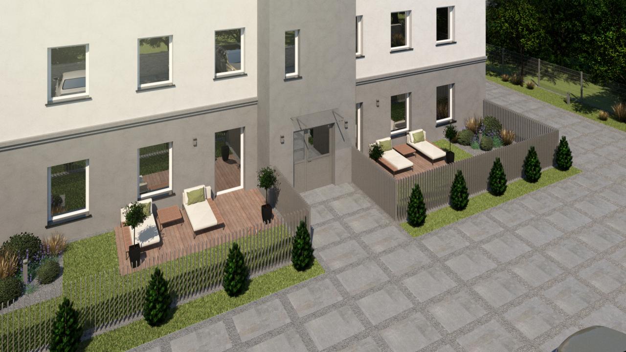 Wizualizacja zewnętrzna budynku z dwoma tarasami, ogrodzeniem lamelowym, kostką brukową i zielenią.