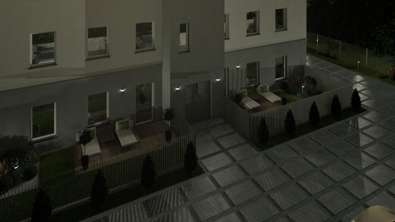 Wizualizacja zewnętrzna dwukondygnacyjnego, nowoczesnego budynku z tarasami i zagospodarowanym terenem zielonym, oświetlonym lampami ogrodowymi.