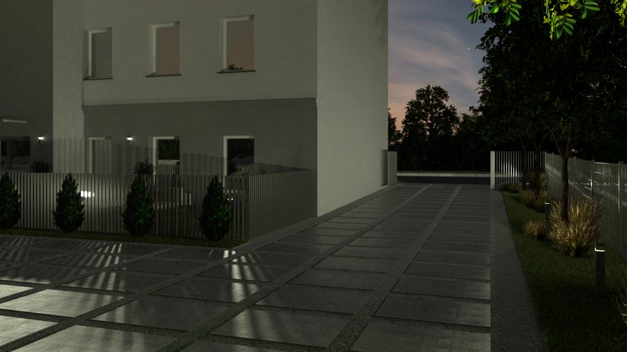 Wizualizacja 3D nowoczesnego domu jednorodzinnego z podjazdem wyłożonym płytami betonowymi i ogrodzeniem panelowym, oświetlonymi lampami ogrodowymi w nocy.