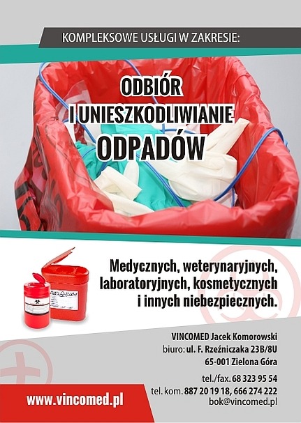 Plakat reklamowy firmy Vincomed oferującej kompleksowe usługi w zakresie odbioru i unieszkodliwiania odpadów medycznych, weterynaryjnych, laboratoryjnych, kosmetycznych i innych niebezpiecznych,...