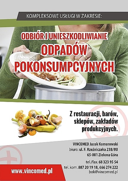 Grafika reklamowa firmy oferującej kompleksowe usługi odbioru i unieszkodliwiania odpadów pokonsumpcyjnych z restauracji, barów, sklepów i zakładów produkcyjnych. Na pierwszym planie ręka...
