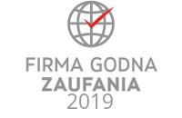 Grafika z napisem 'Firma Godna Zaufania 2019' z symbolem globu i czerwonym znakiem akceptacji.