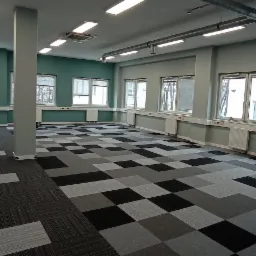 Przestronne biuro z nową, wzorzystą wykładziną dywanową w odcieniach szarości i czerni, drabina malarska w lewym rogu, ściany pomalowane na jasny odcień zieleni, widoczne grzejniki pod oknami.