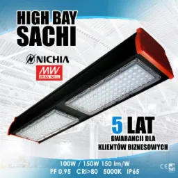 Lampa przemysłowa LED typu High Bay SACHI z logo Nichia i Mean Well, czarno-czerwona obudowa, parametry techniczne i informacja o 5-letniej gwarancji dla klientów biznesowych