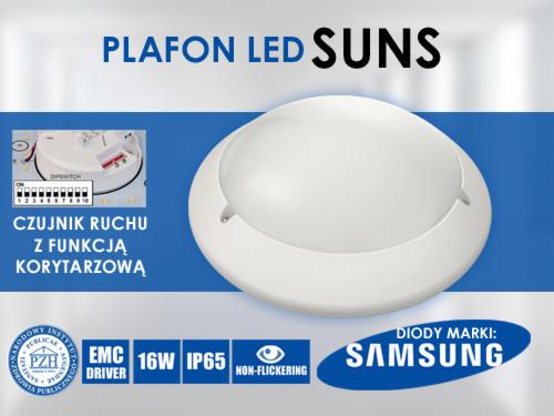 Plafon LED SUNS z czujnikiem ruchu i funkcją korytarzową, diody marki Samsung, specyfikacja techniczna 16W IP65, widoczny dipswitch do konfiguracji.