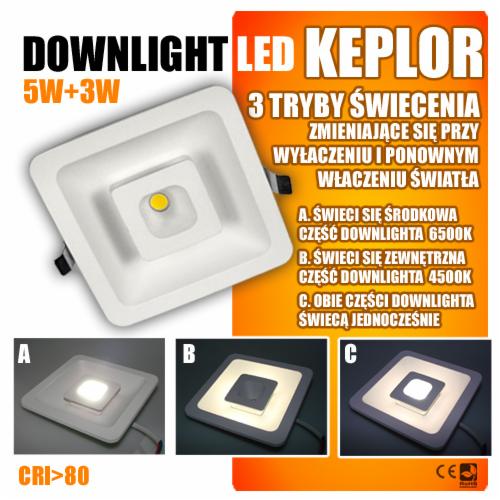 Kwadratowy panel LED Downlight Kepler 5W+3W z trzema trybami świecenia, prezentacja działania trybów A, B i C z różnymi temperaturami barwowymi.