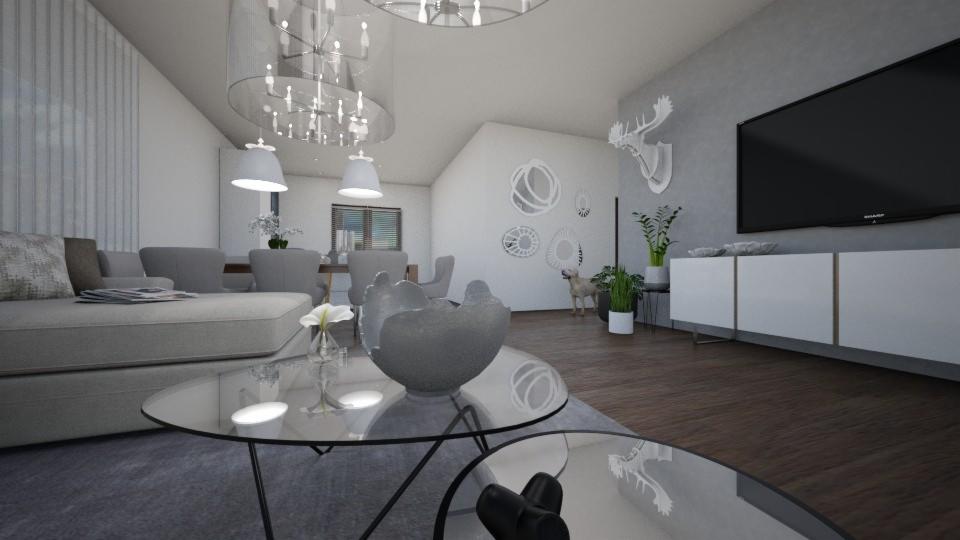 Wizualizacja salonu w odcieniach szarości z dwoma okrągłymi stolikami kawowymi, szklanym żyrandolem i dekoracjami ściennymi, w tle jadalnia i pies.