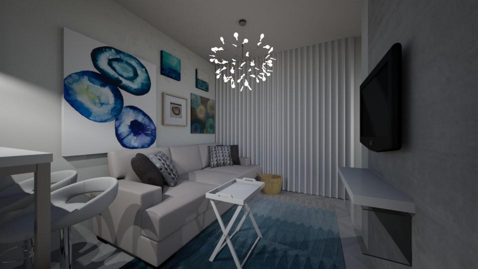 Wizualizacja salonu z białym narożnikiem, abstrakcyjnym obrazem z motywem agatu, stolikiem pomocniczym na dywanie w odcieniach niebieskiego oraz designerską lampą sufitową.