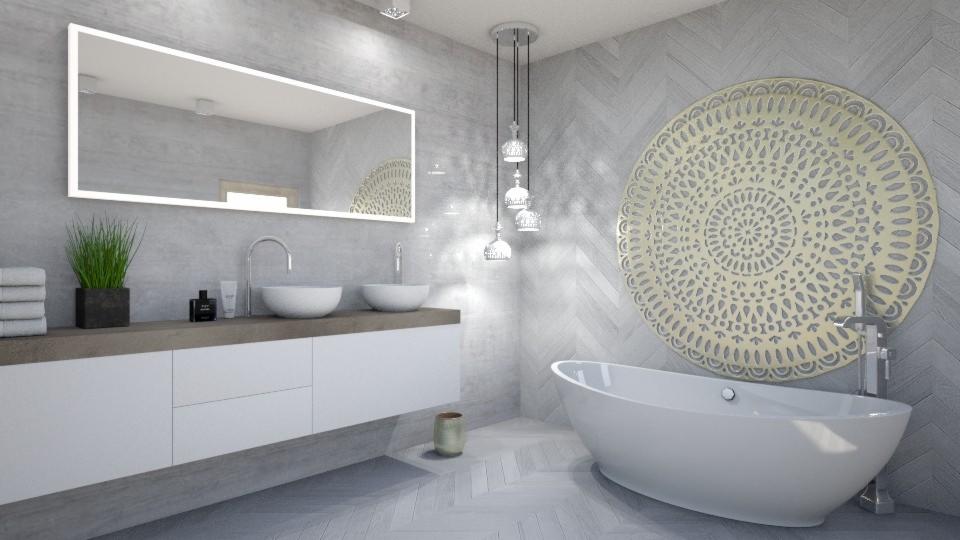 Nowoczesna łazienka z białą wolnostojącą wanną, podwieszaną szafką z umywalkami, oświetlonym lustrem, dekoracyjną ażurową rozetą na ścianie i wiszącymi lampami.