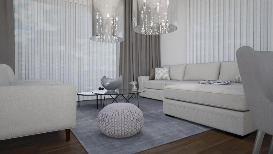 Jasnoszary salon z sofą narożną, pufem z dzianiny, okrągłymi stolikami kawowymi i dekoracyjnymi lampami wiszącymi, oświetlony światłem dziennym wpadającym przez żaluzje.