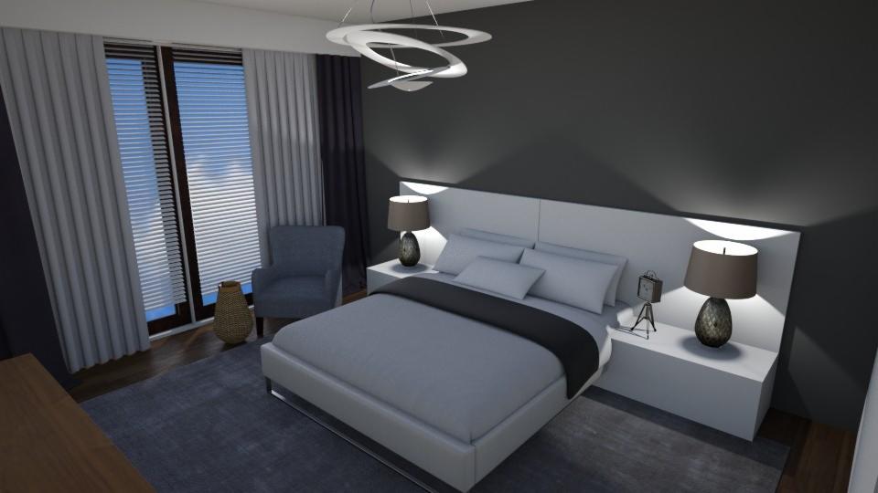 Nowoczesna sypialnia z białym łóżkiem, szarą pościelą i lampkami nocnymi, oświetlona designerską lampą sufitową, z widokiem na okno z żaluzjami i zasłonami.