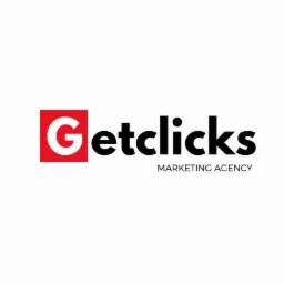 Logo firmy Getclicks z czerwoną literą G w kwadracie i napisem 'MARKETING AGENCY' poniżej.