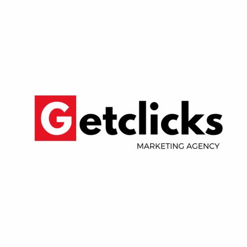 Logo firmy Getclicks z czerwoną literą G w kwadracie i napisem 'MARKETING AGENCY' poniżej.