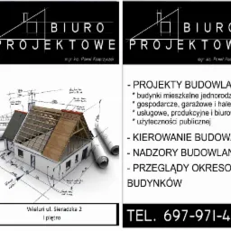 Reklama biura projektowego z Wielunia prezentująca wizualizację domu jednorodzinnego z naniesionymi odręcznymi szkicami i wymiarami.