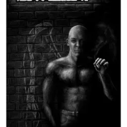 Czarno-biała grafika komputerowa przedstawiająca muskularnego, łysego mężczyznę palącego papierosa na tle ceglanej ściany z neonowym napisem 'Stereotypes' oraz zarysowanymi skrzydłami anioła.