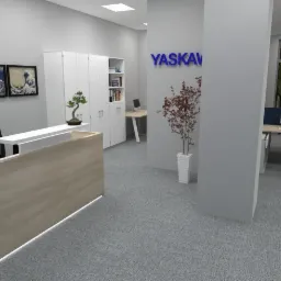 Wizualizacja recepcji biurowej z białymi szafami, drewnianą ladą z podświetleniem LED, roślinami ozdobnymi i logo firmy YASKAV na ścianie.
