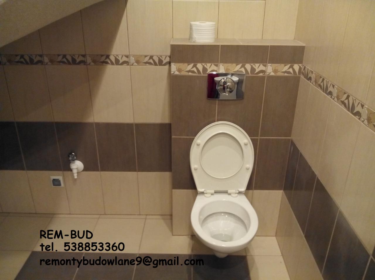 Toaleta z otwartą klapą po renowacji, obudowana brązowo-beżowymi płytkami z dekoracyjnym pasem, widoczny przycisk spłuczki i rolka papieru toaletowego na półce.