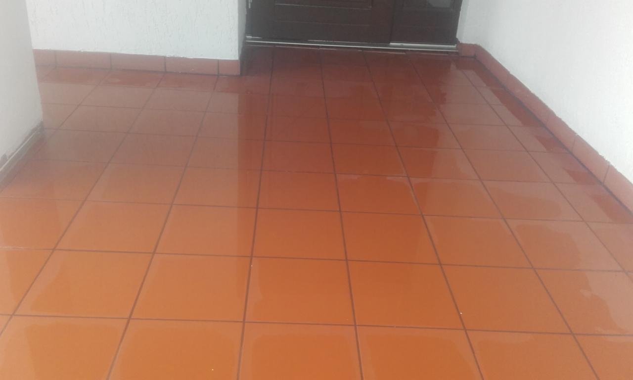 Błyszcząca, terakotowa podłoga z płytek ceramicznych, świeżo po umyciu, z widocznymi refleksami światła, przy białej ścianie i ciemnych drzwiach.