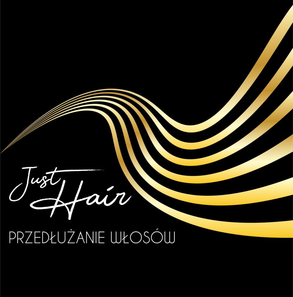 Grafika na czarnym tle z napisem 'Just Hair' i 'PRZEDŁUŻANIE WŁOSÓW' poniżej, obok płynące złote pasma imitujące włosy.