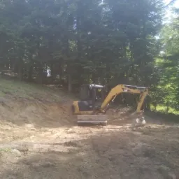 Żółta koparka CAT 302.5 pracuje w lesie, przygotowując teren pod budowę, widoczne świeżo wykopane miejsce i drzewa w tle.