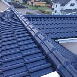 Błyszczący, granatowy dach z dachówki ceramicznej z widocznym systemem rynnowym i elementami obróbki blacharskiej, na tle zabudowy jednorodzinnej.