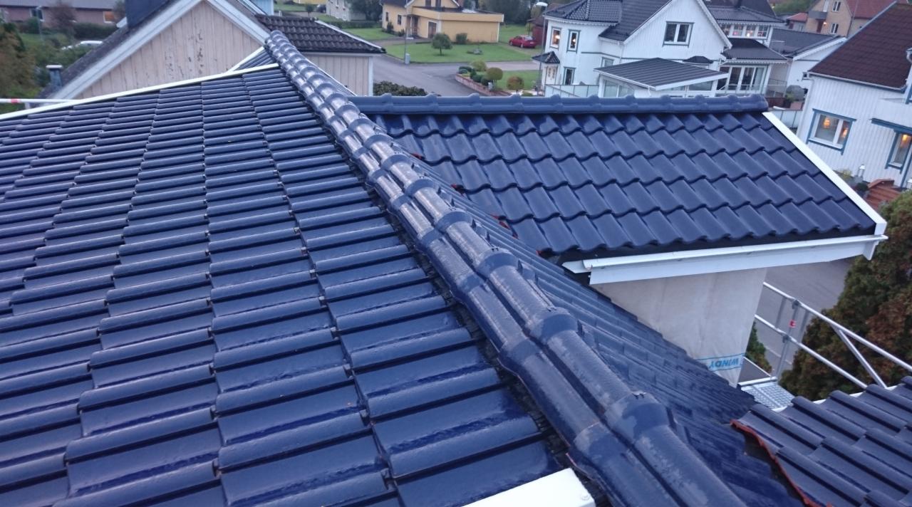 Błyszczący, granatowy dach z dachówki ceramicznej z widocznym systemem rynnowym i elementami obróbki blacharskiej, na tle zabudowy jednorodzinnej.