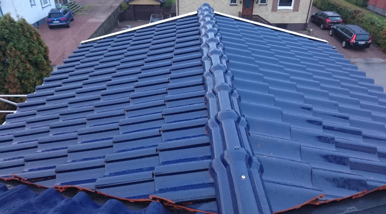 Błyszczący, ciemnoniebieski dach pokryty dachówką ceramiczną, z widoczną kalenicą i otoczeniem budynku w tle.