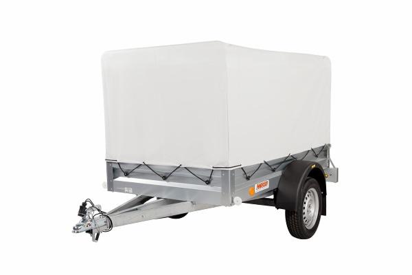 Przyczepa towarowa z plandeką, widok z przodu na białym tle, z widocznym zaczepem i kołem.