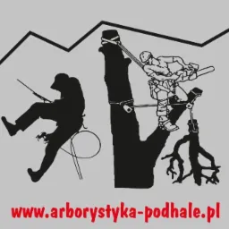 Czarno-biała grafika przedstawiająca dwóch arborystów przy pracy na drzewie, jeden wspinający się z liną, drugi z piłą łańcuchową, z adresem strony internetowej arborystyka-podhale.pl na dole.