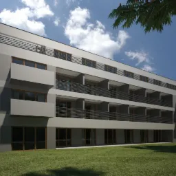 Wizualizacja budynku usługowego z balkonami, widok z poziomu trawnika w słoneczny dzień.