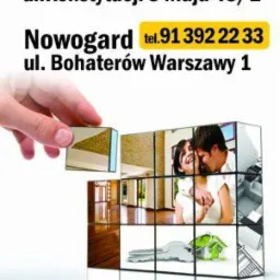 Reklama biura nieruchomości Extra Dom z Goleniowa i Nowogardu, przedstawiająca układankę z fragmentami wnętrz, kluczy i pary, symbolizującą kompleksowe usługi związane z nieruchomościami.