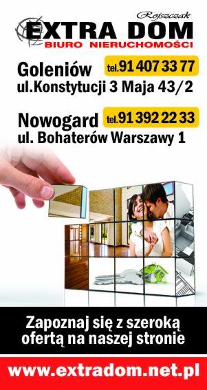 Reklama biura nieruchomości Extra Dom z Goleniowa i Nowogardu, przedstawiająca układankę z fragmentami wnętrz, kluczy i pary, symbolizującą kompleksowe usługi związane z nieruchomościami.