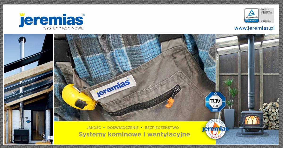 Komin Jeremias, instalacja kominowa z elementami certyfikacji i logotypami na tle instalacji kominowych oraz kombinezonu roboczego z kieszenią.