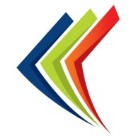 Abstrakcyjny logotyp z czterech strzałek skierowanych w lewo, w kolorach: granatowy, limonkowy, pomarańczowy i czerwony, tworzących dynamiczny, warstwowy efekt.