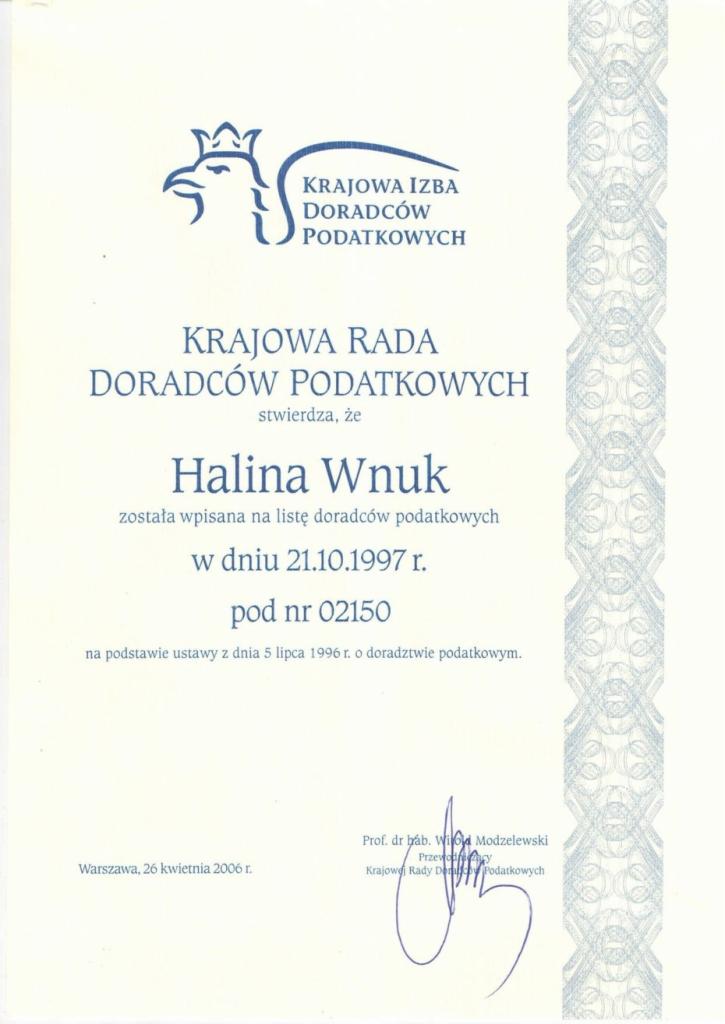 Certyfikat Krajowej Rady Doradców Podatkowych dla Haliny Wnuk, wpis na listę doradców podatkowych z datą 21.10.1997.
