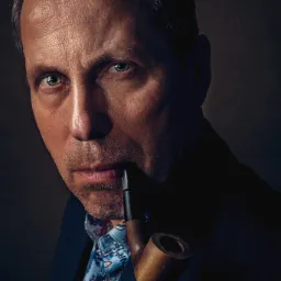 Portret mężczyzny z fajką w ustach, w ciemnym garniturze i wzorzystej koszuli, ostre światło podkreśla rysy twarzy.